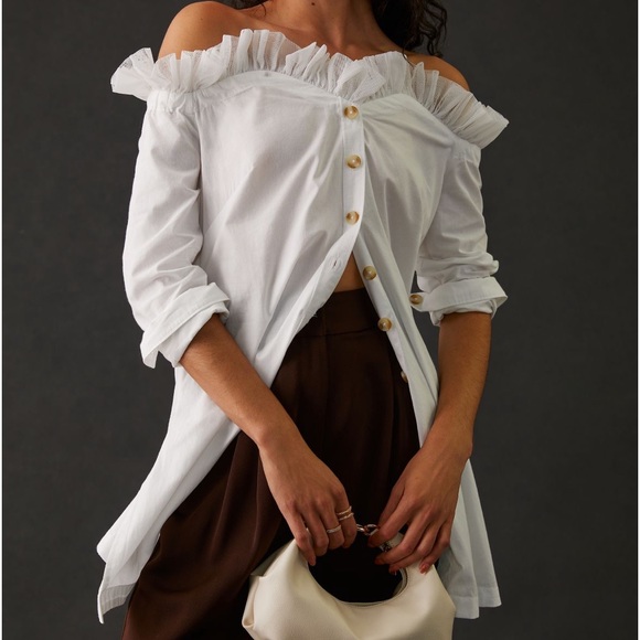 Anthropologie Maeve tulle Button down NWT sz Lg white - Picture 2 of 4